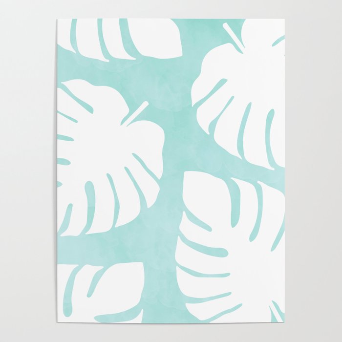 White Monstera Leaves Pattern  |  Mint Background Poster