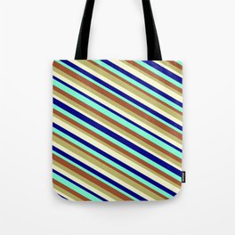 [ Thumbnail: Eye-catching Sienna, Dark Khaki, Light Yellow, Blue, and Aquamarine Colored Striped/Lined Pattern Tote Bag ]
