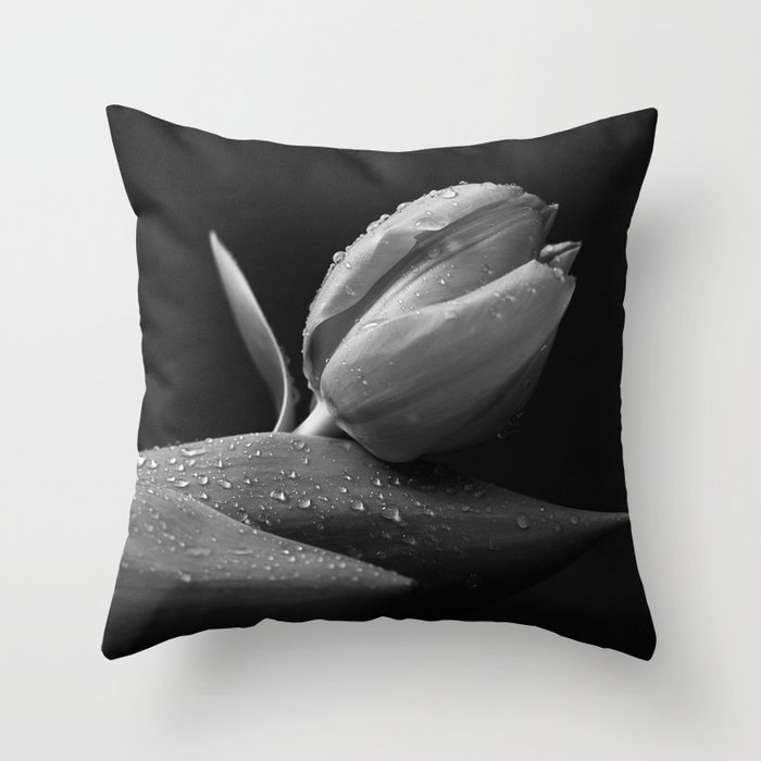 Tulip with morning dew black and white photograph Throw Pillow