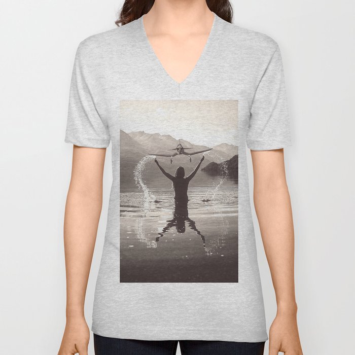 Water wings plane landing on mountain lake female portrait black and white photograph - photography - photographs V Neck T Shirt