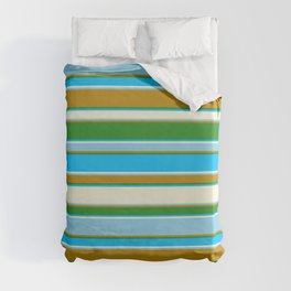 [ Thumbnail: Forest Green, Deep Sky Blue, Beige, Sky Blue, and Dark Goldenrod Colored Striped/Lined Pattern Duvet Cover ]