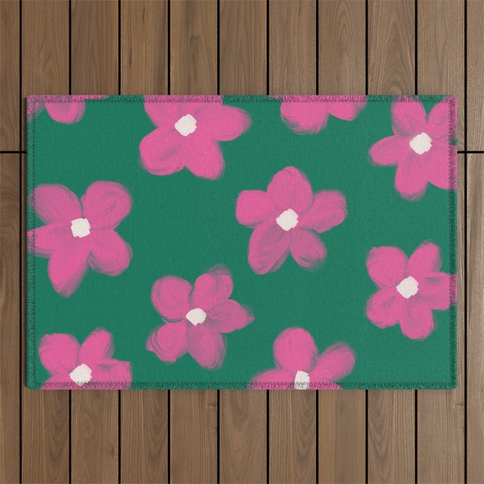 70s 60s Bold Pink Flowers on Green Outdoor Rug