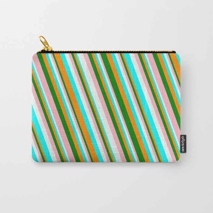 Vibrant Dark Orange, Green, Light Pink, Mint Cream, and Aqua Colored Striped/Lined Pattern Carry-All Pouch