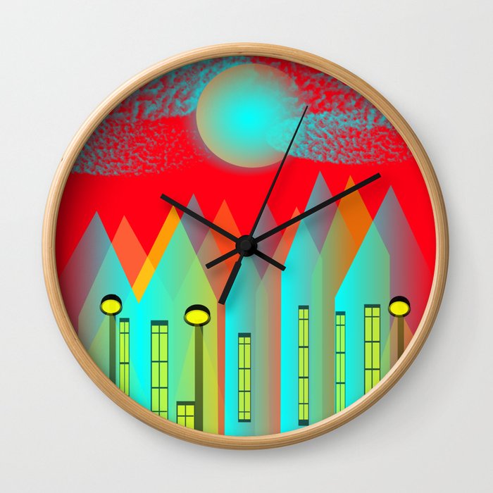 Terraced houses on red - by Matilda Lorentsson Wall Clock