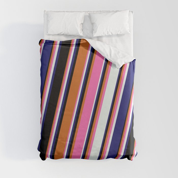 Chocolate, Hot Pink, Mint Cream, Midnight Blue & Black Colored Lines/Stripes Pattern Duvet Cover