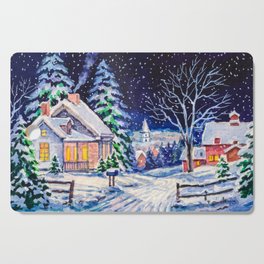 Snowy winter landscape. Country House. Christmas holidays. Forest with pine trees. Watercolor painting.  Cutting Board