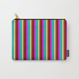 [ Thumbnail: Eyecatching Fuchsia, Light Sea Green, Tan, Green & Dark Red Colored Stripes Pattern Carry-All Pouch ]