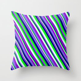 [ Thumbnail: Colorful Light Cyan, Dark Violet, Medium Slate Blue, Blue & Lime Colored Lined Pattern Throw Pillow ]
