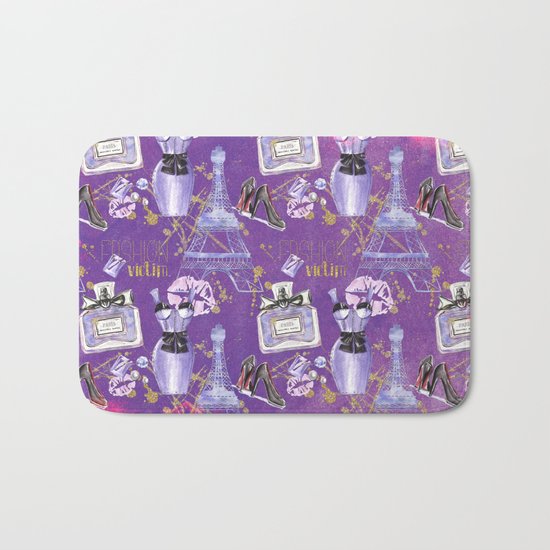 Fashion Victim - Paris France Elegance Shopping Girly in pink and purple Bath Mat