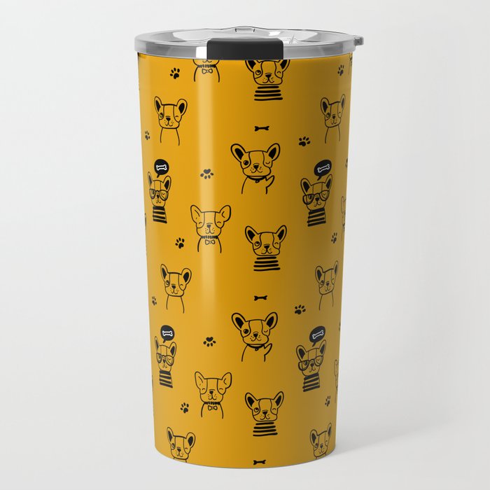 Mustard and Black Hand Drawn Dog Puppy Pattern Travel Mug