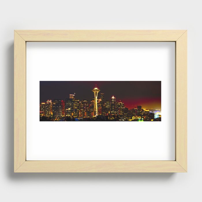 Seattle Skyline Panorama at Night Recessed Framed Print
