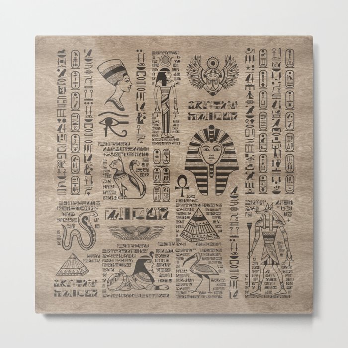 Egyptian hieroglyphs and symbols on wood Metal Print