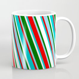[ Thumbnail: Sky Blue, Red, Dark Turquoise, White, and Dark Green Colored Striped Pattern Coffee Mug ]