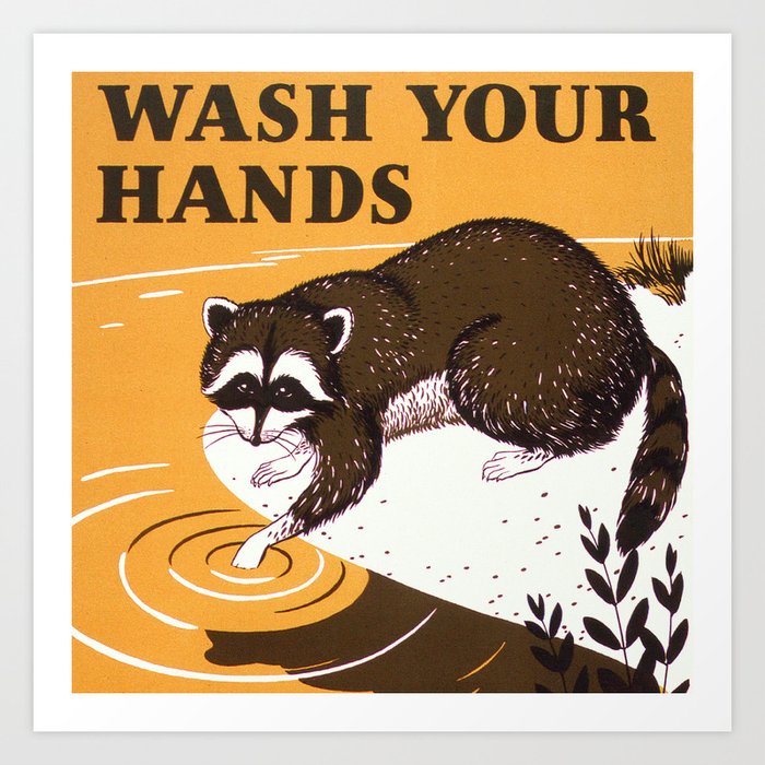 Orange Vintage Wash Your Hands Sign with Raccoon  Art Print