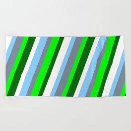 [ Thumbnail: Eye-catching Light Sky Blue, Light Slate Gray, Lime, Dark Green, and White Colored Stripes Pattern Beach Towel ]