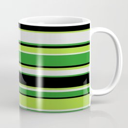 [ Thumbnail: Green, Light Gray, Forest Green, and Black Colored Stripes Pattern Coffee Mug ]