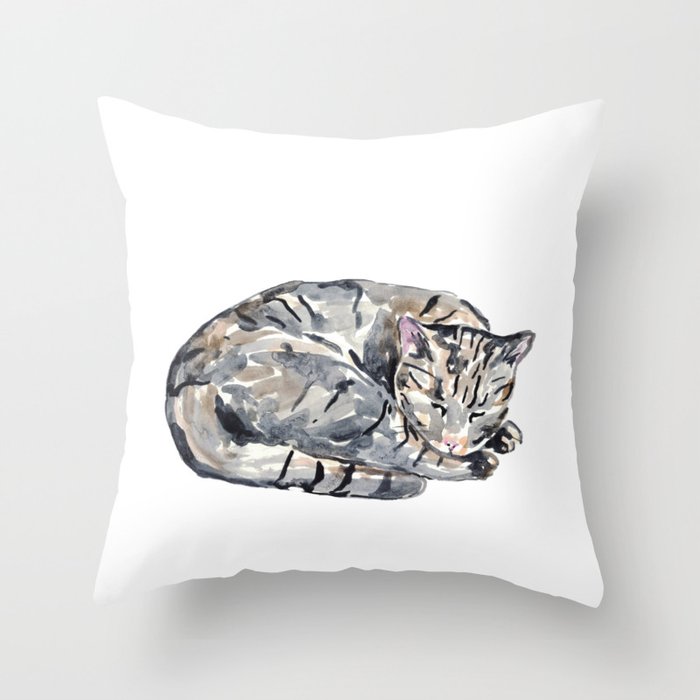 Cat sleeping colorful fluffy tobby grey gray Watercolor  Throw Pillow