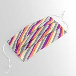 [ Thumbnail: Colorful Light Yellow, Gray, Light Gray, Purple & Coral Colored Lines/Stripes Pattern Face Mask ]