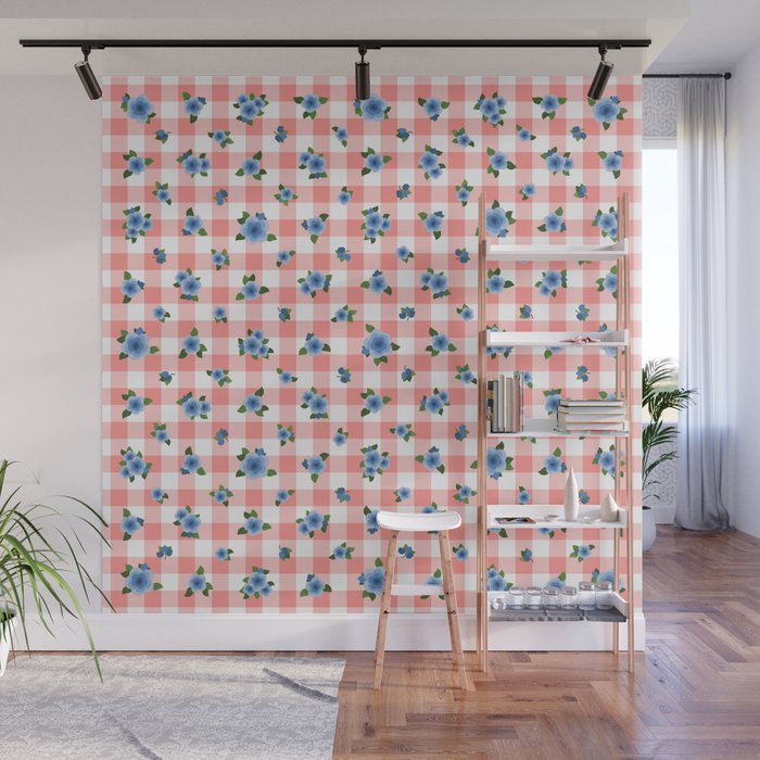 Blue Roses All Over - coral check Wall Mural