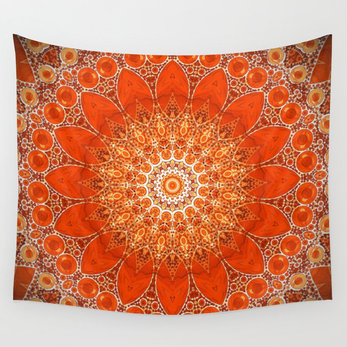 Detailed Orange Boho Mandala Wall Tapestry
