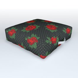 Rockabilly style roses on green polka dots pattern Outdoor Floor Cushion