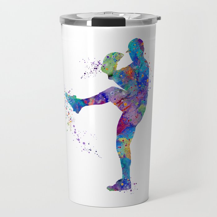 Boy Baseball Pitcher Colorful Watercolor Travel Mug