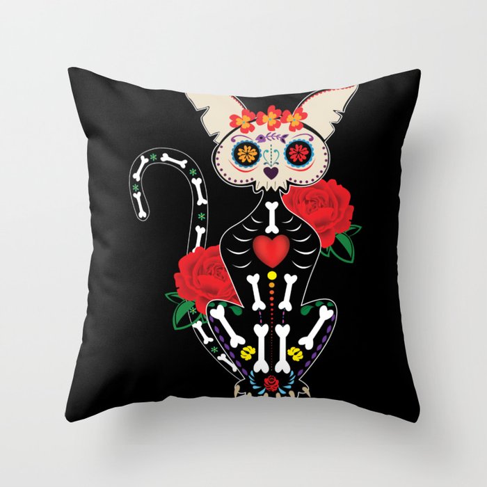 Muertos Day Of Dead Sugar Skull Halloween Cat Throw Pillow