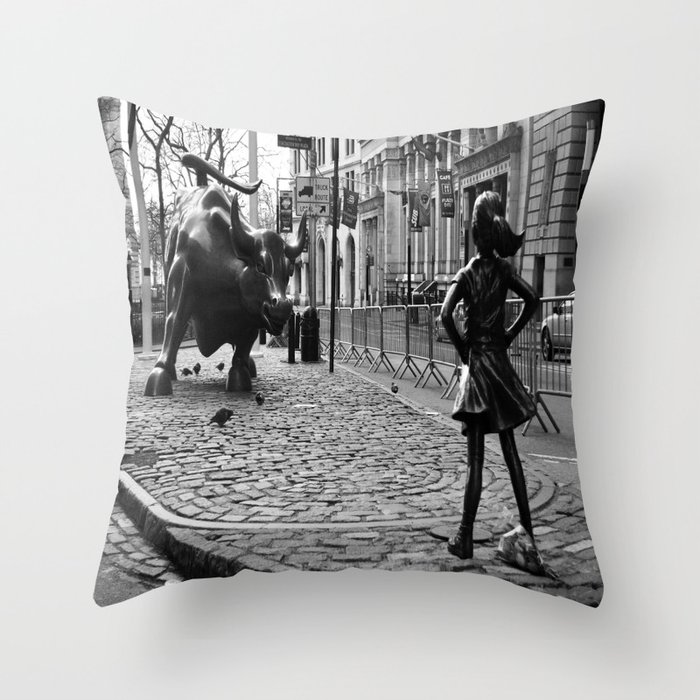 Fearless Girl and the Charging Bull Throw Pillow