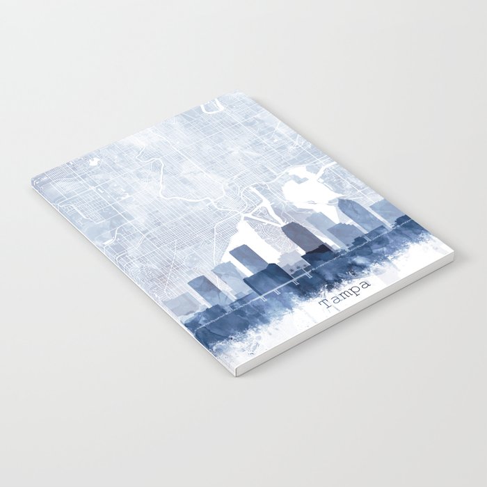 Tampa Skyline & Map Watercolor Navy Blue, Print by Zouzounio Art Notebook