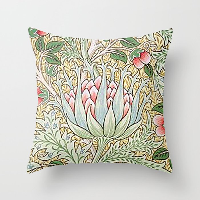 William Morris Green and Yellow Artichoke Wallpaper Vintage Floral Pattern Victorian Green Floral Pattern Throw Pillow