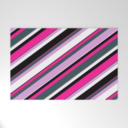 [ Thumbnail: Eyecatching Deep Pink, Dark Slate Gray, Plum, White & Black Colored Lines Pattern Welcome Mat ]