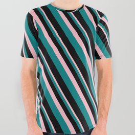 [ Thumbnail: Pink, Teal, and Black Colored Lined/Striped Pattern All Over Graphic Tee ]