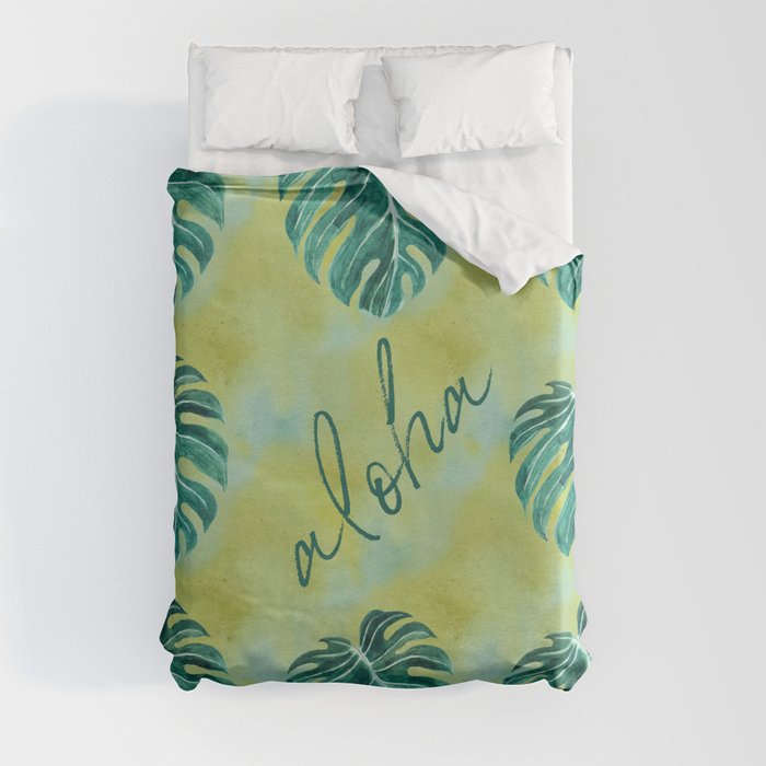 Tropical aloha monstera leaves on yellow green washed watercolor Duvet Cover