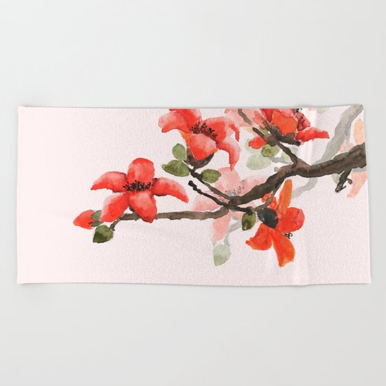 red orange kapok flowers watercolor Beach Towel