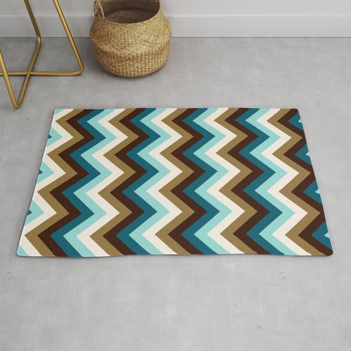 Funky Zigzag Pattern Teals Brown Gold Cream Rug By Nataliepaskell - Teal Brown And Cream Rug Funky Zigzag Pattern Teals Brown Gold Cream Rug By Nataliepaskell - Teal Brown And Cream Rug