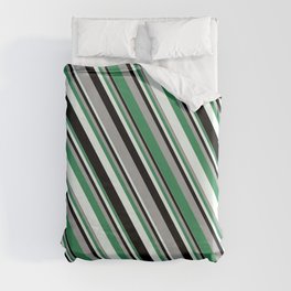 [ Thumbnail: Dark Gray, Sea Green, Mint Cream, and Black Colored Stripes/Lines Pattern Duvet Cover ]