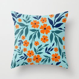 Cheerful Floral Prints, Turquoise, Navy, Teal, Orange Throw Pillow
