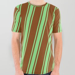 [ Thumbnail: Brown & Light Green Colored Striped/Lined Pattern All Over Graphic Tee ]