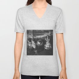 Adjie and the lions; Victorian woman in a cage with lions black and white photograph - photography - photographs V Neck T Shirt