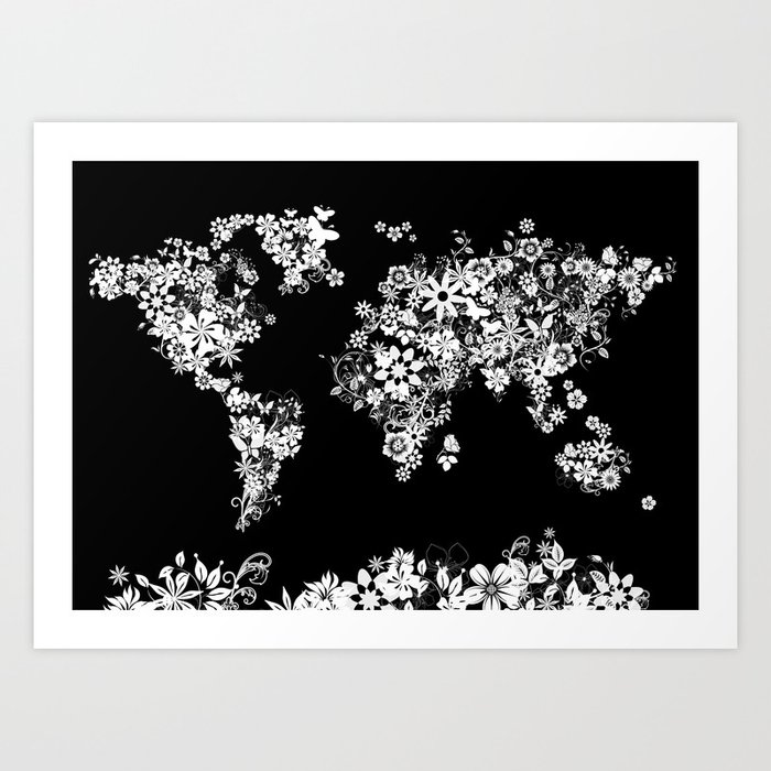 world map floral black and white Art Print