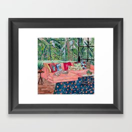 Napping Brown Tabby Cat on Pink Couch with Jungle Background Painting After Matisse Framed Art Print