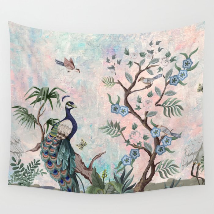 Chinoiserie Pastel Peacock Garden Fresco Wall Tapestry by Archipelago Society6