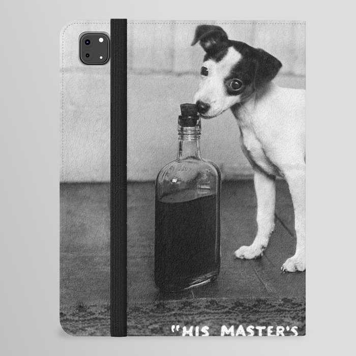 His Master’s Vice; Dog with bottle of master's whiskey black and white photograph - photography - photographs iPad Folio Case