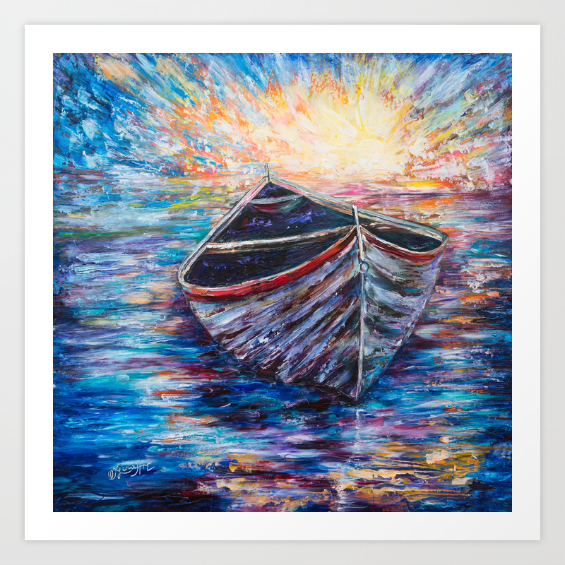 Wooden Boat At Sunrise Original Oil Painting With Palette Knife