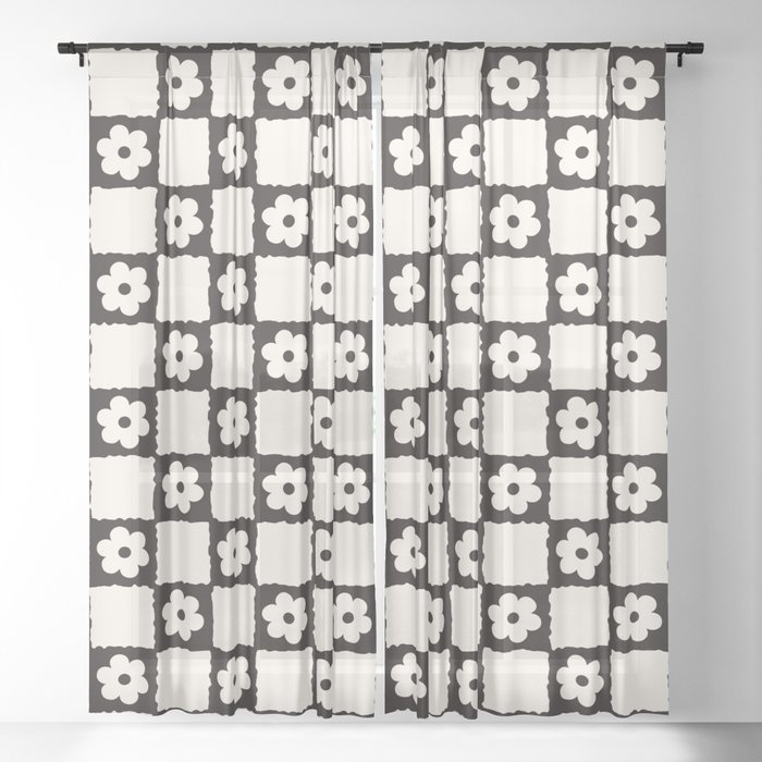 Retro Flower Checker in Black&White Sheer Curtain