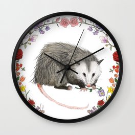 Opossum in Floral Wreath Wall Clock