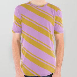 [ Thumbnail: Goldenrod & Plum Colored Stripes Pattern All Over Graphic Tee ]