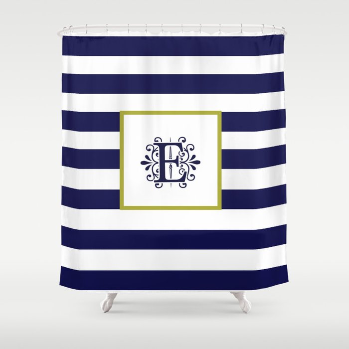 Monogram Letter E Navy Blue And White Stripes Shower Curtain By