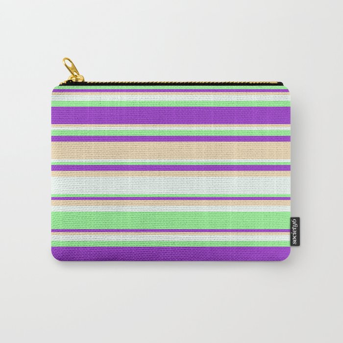 Dark Orchid, Tan, Mint Cream, and Green Colored Stripes Pattern Carry-All Pouch