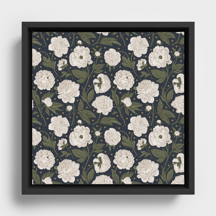 Starry Midnight Blooming Peonies Floral Framed Canvas